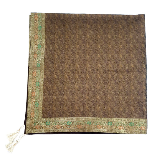 48"Square Banarasi Dining Table Top Cover Coffee Brown Silk Woven Paisley Cloth
