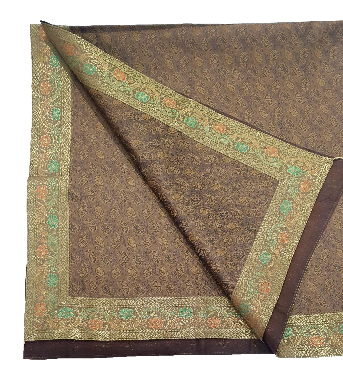 48"Square Banarasi Dining Table Top Cover Coffee Brown Silk Woven Paisley Cloth