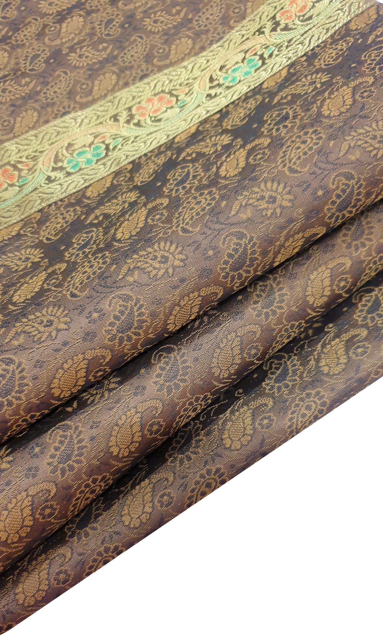 48"Square Banarasi Dining Table Top Cover Coffee Brown Silk Woven Paisley Cloth