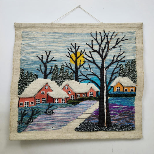 Snowy Mornings Scene Wall Hanging Home Decor Indian Large Tapestry Wool Jute