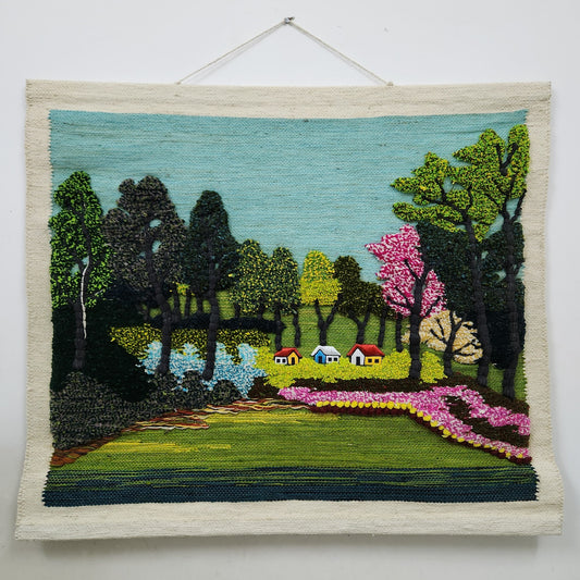 Jute & Wool Wall Hanging HandMade Indian Tapestry 3D Hut Tree Sky Greenery