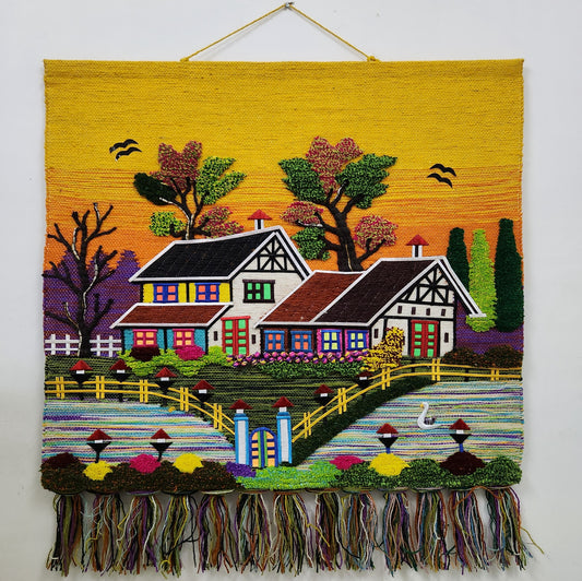Jute & Wool Wall Hanging HandMade Indian Tapestry 3D Village Scenery Tree Birds
