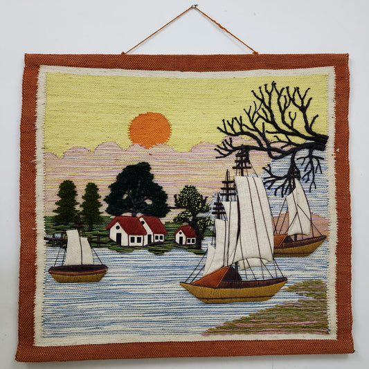 Jute & Wool Wall Hanging HandMade Indian Tapestry 3D Scenery Tree Boats & Nature