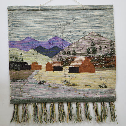 Jute & Wool Wall Hanging HandMade Indian Tapestry 3D Village Scenery Tree Nature