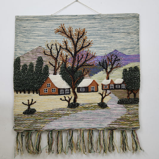 Jute & Wool Wall Hanging HandMade Indian Tapestry 3D Village Scenery Tree Nature
