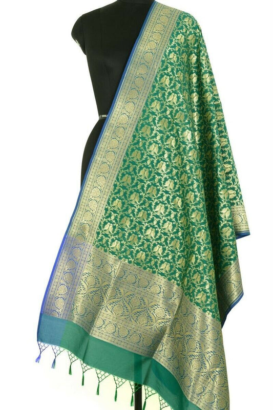 Green Banarasi Dupatta Love Birds Woven Zari Brocade Indian Long Stole Wrap