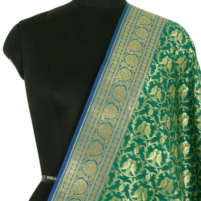 Green Banarasi Dupatta Love Birds Woven Zari Brocade Indian Long Stole Wrap