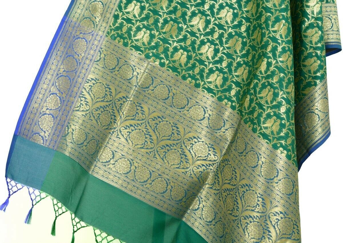 Green Banarasi Dupatta Love Birds Woven Zari Brocade Indian Long Stole Wrap
