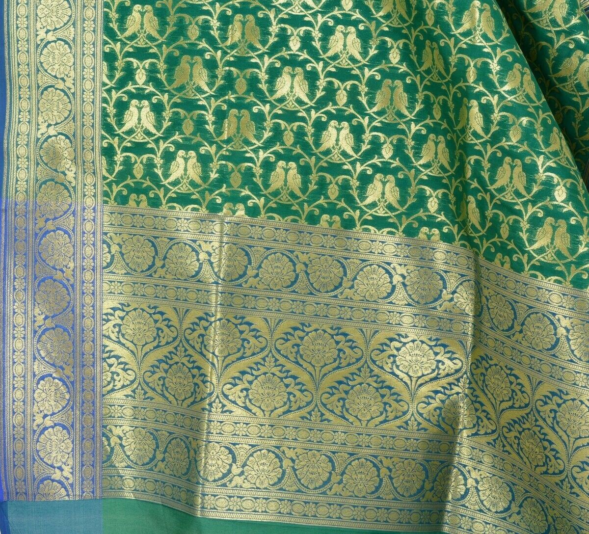 Green Banarasi Dupatta Love Birds Woven Zari Brocade Indian Long Stole Wrap