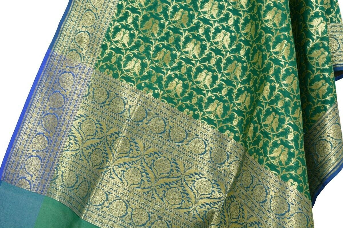 Green Banarasi Dupatta Love Birds Woven Zari Brocade Indian Long Stole Wrap
