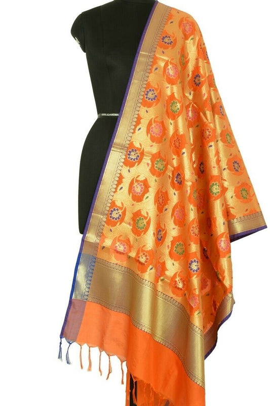 Orange Banarasi Dupatta Floral Woven Zari Brocade Indian Long Stole Wrap Shawl