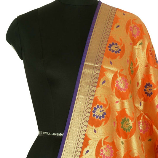 Orange Banarasi Dupatta Floral Woven Zari Brocade Indian Long Stole Wrap Shawl