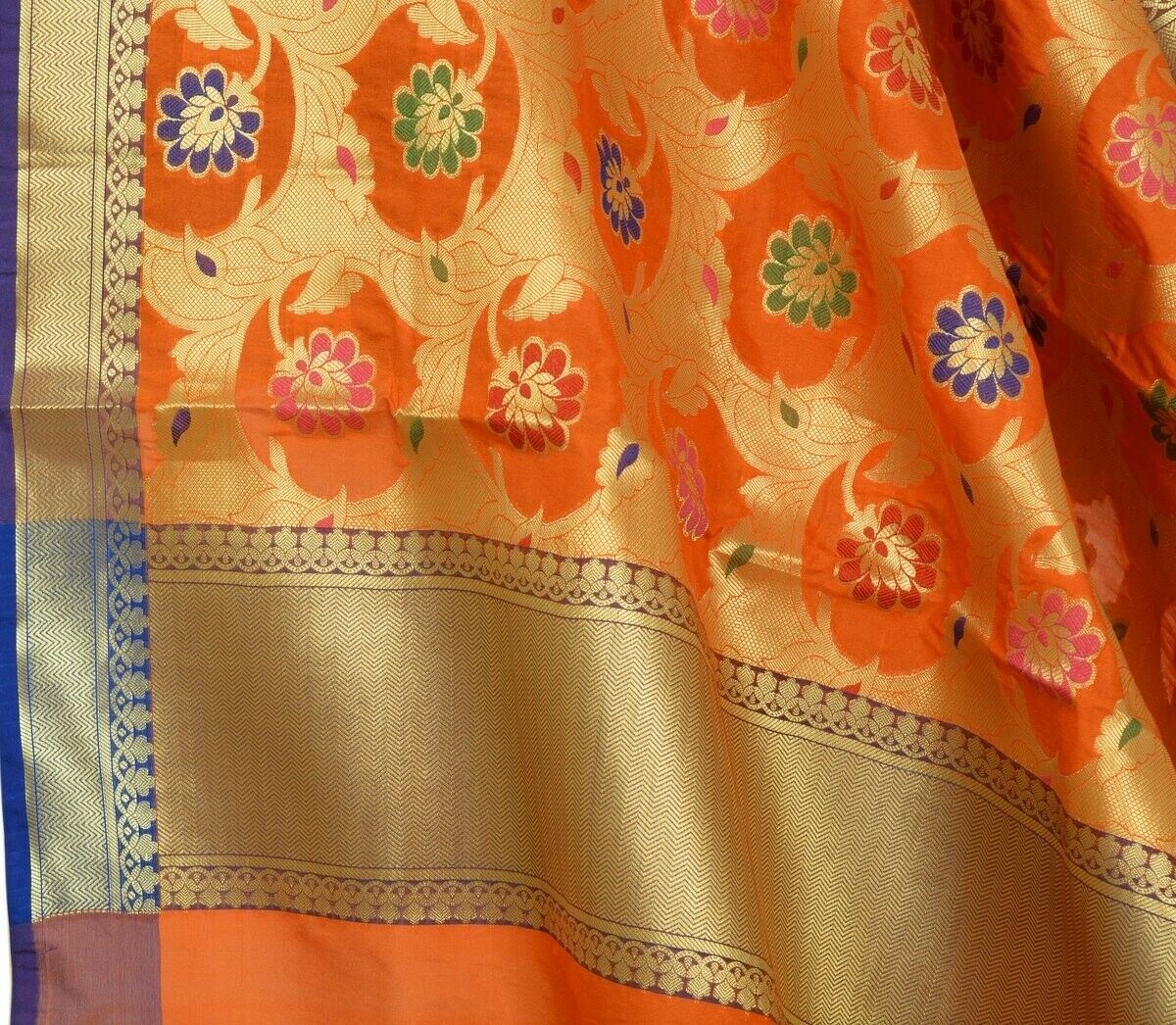 Orange Banarasi Dupatta Floral Woven Zari Brocade Indian Long Stole Wrap Shawl