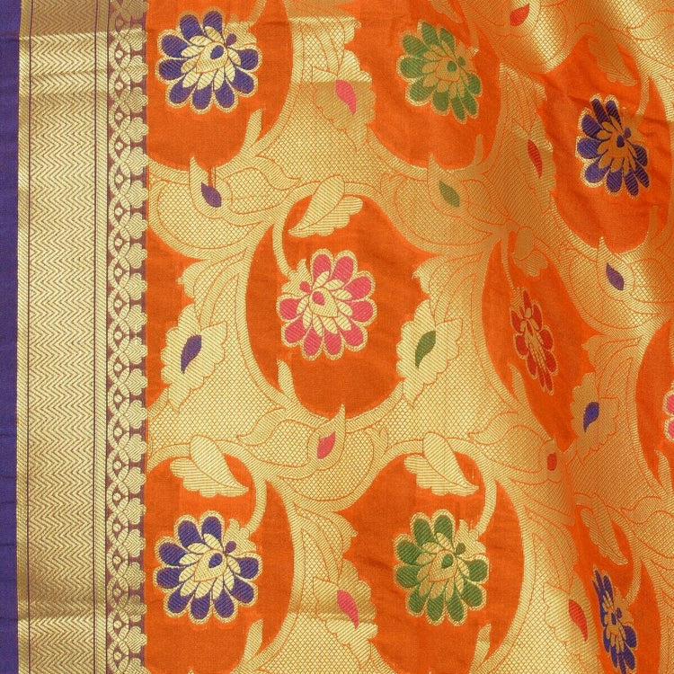 Orange Banarasi Dupatta Floral Woven Zari Brocade Indian Long Stole Wrap Shawl