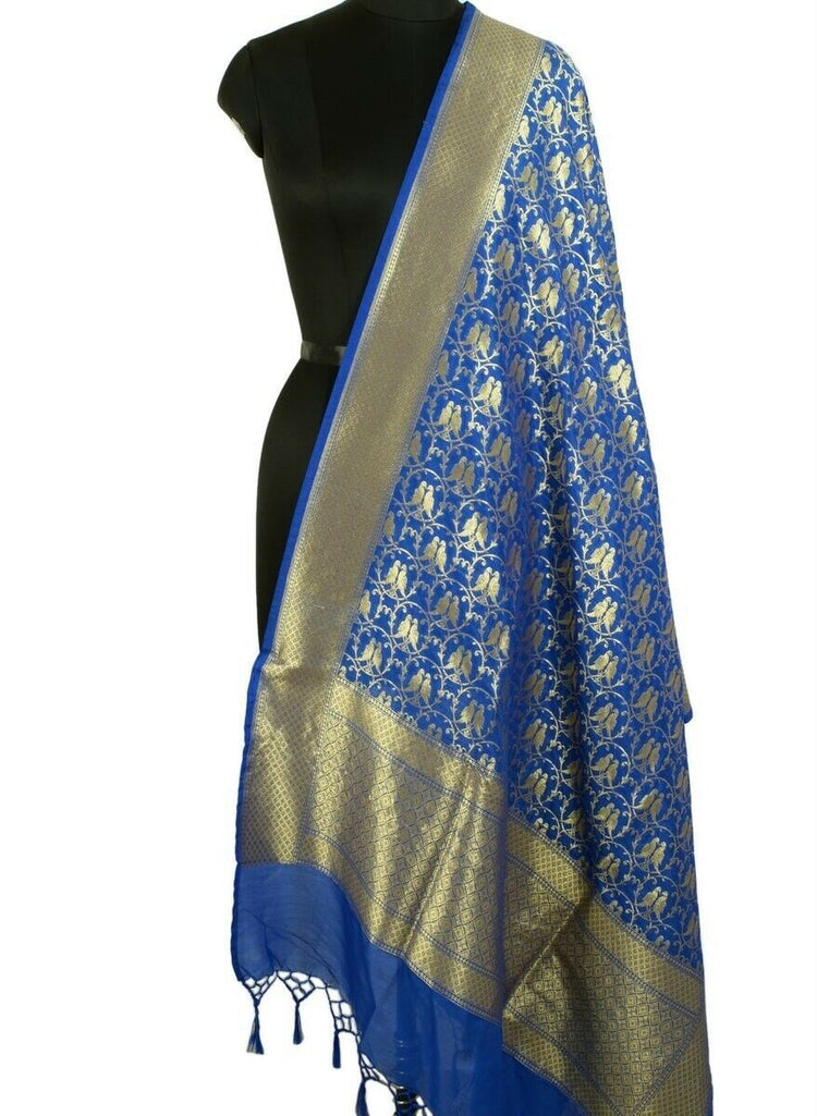 Blue Banarasi Dupatta Birds Woven Zari Brocade Indian Long Stole Wrap Shawl