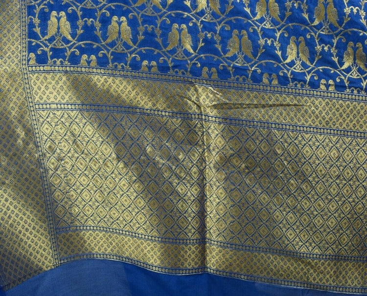 Blue Banarasi Dupatta Birds Woven Zari Brocade Indian Long Stole Wrap Shawl