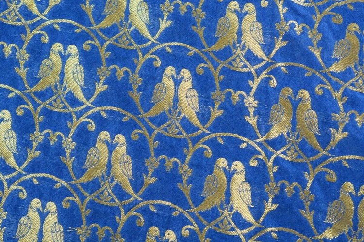 Blue Banarasi Dupatta Birds Woven Zari Brocade Indian Long Stole Wrap Shawl