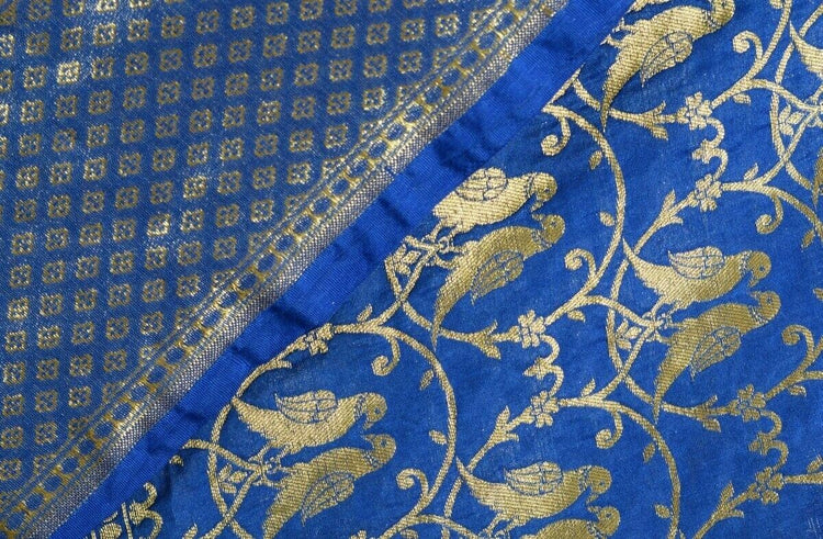 Blue Banarasi Dupatta Birds Woven Zari Brocade Indian Long Stole Wrap Shawl
