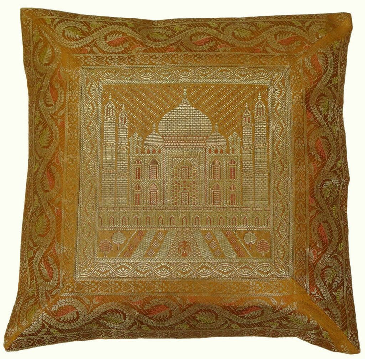 17" Sq Indian Art Silk Woven Zari Borcade Banarasi Cushion Pillow Covers Mustard