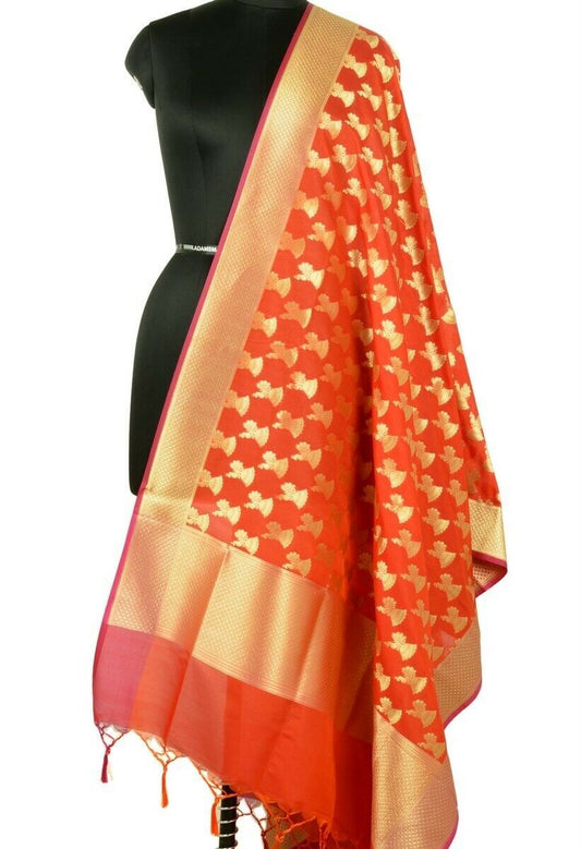 Banarasi Dupatta Woven Zari Brocade Indian Art Silk Long Stole Shawl Red