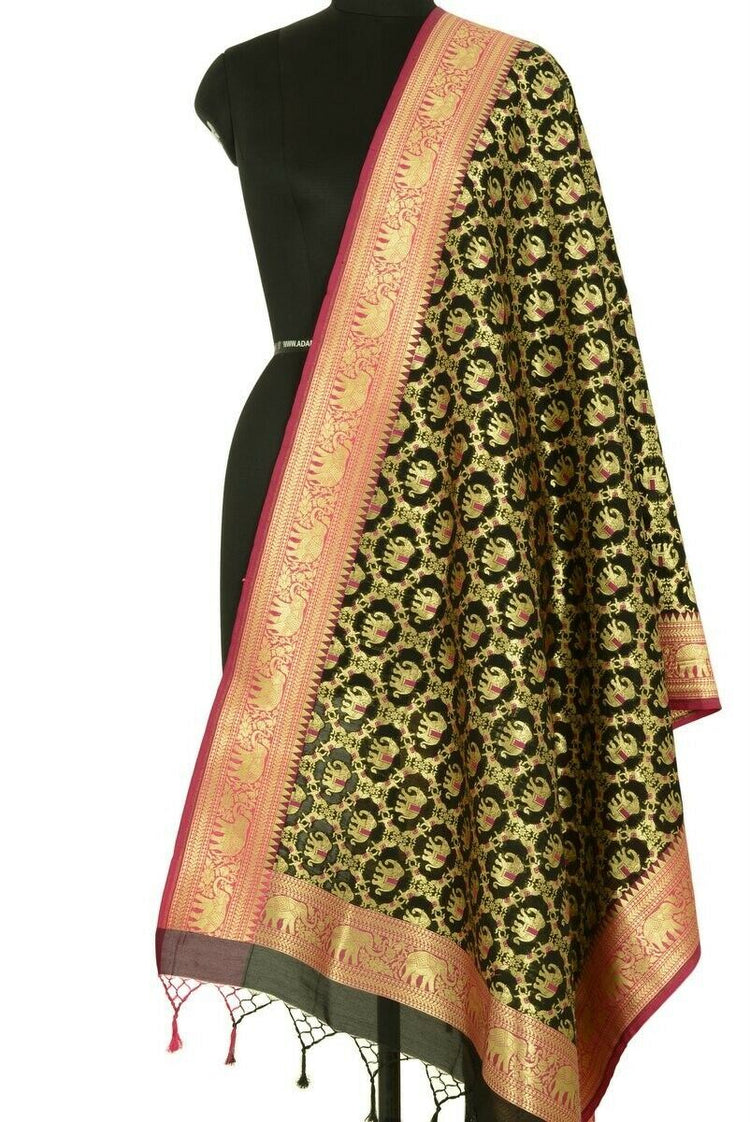 Black Banarasi Dupatta Elephant & Horse Woven Zari Brocade India Long Stole Wrap