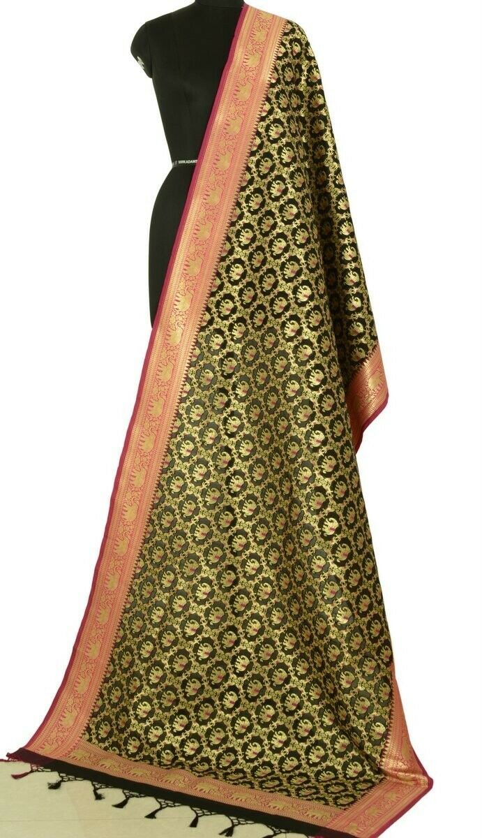 Black Banarasi Dupatta Elephant & Horse Woven Zari Brocade India Long Stole Wrap