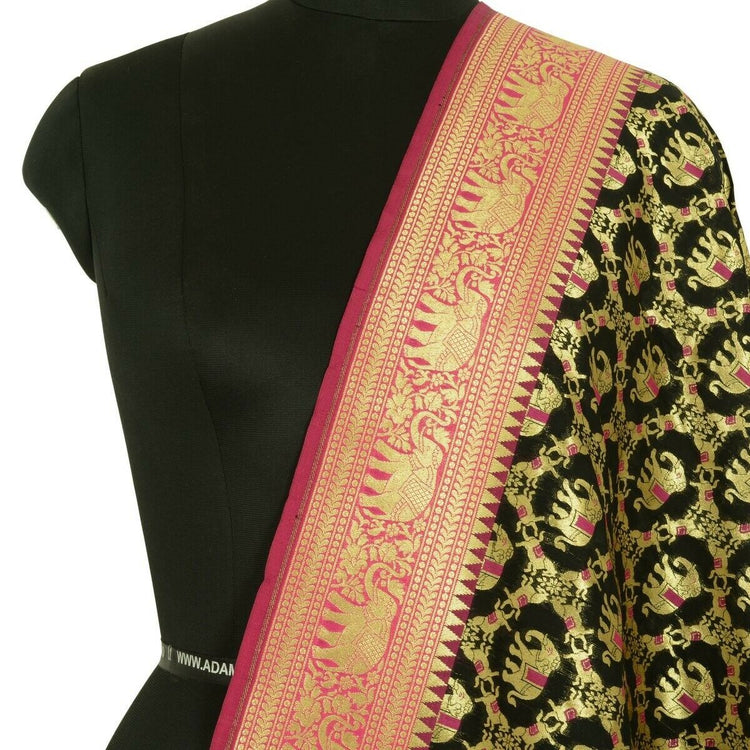 Black Banarasi Dupatta Elephant & Horse Woven Zari Brocade India Long Stole Wrap