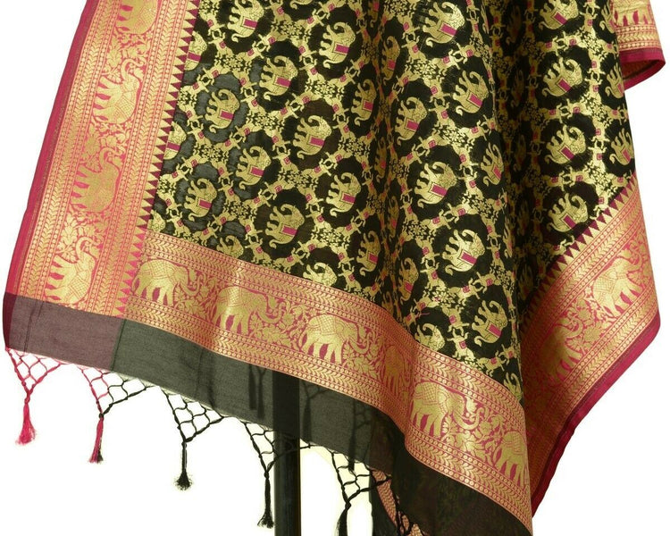 Black Banarasi Dupatta Elephant & Horse Woven Zari Brocade India Long Stole Wrap