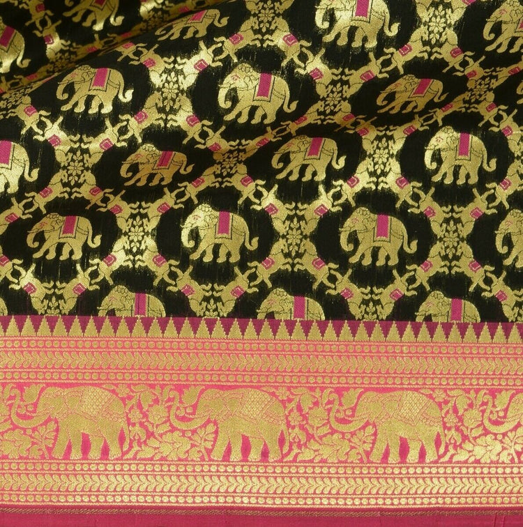 Black Banarasi Dupatta Elephant & Horse Woven Zari Brocade India Long Stole Wrap