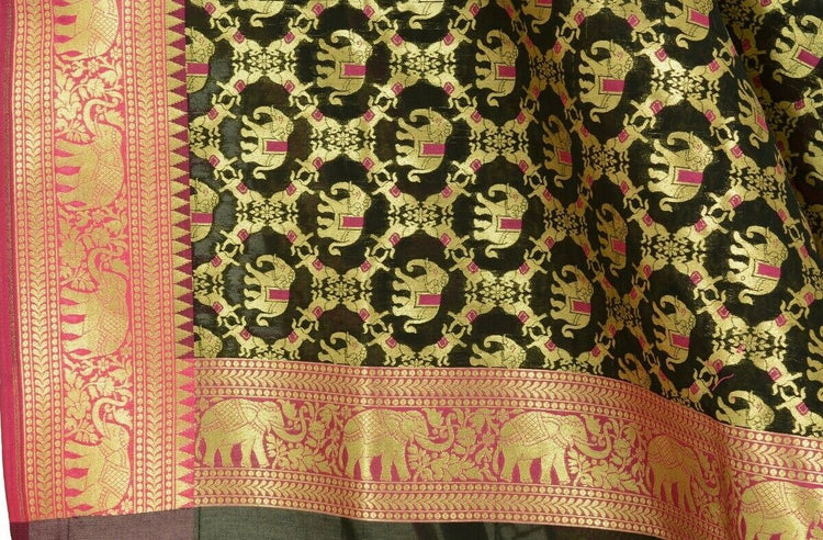 Black Banarasi Dupatta Elephant & Horse Woven Zari Brocade India Long Stole Wrap