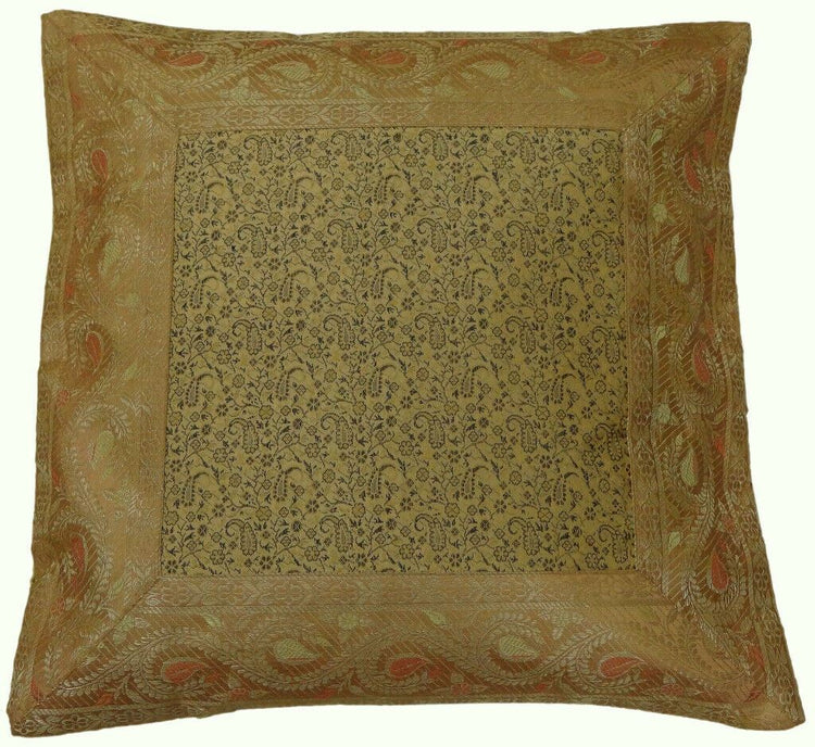 16" Sq Indian Art Silk Woven Zari Borcade Banarasi Cushion Pillow Covers Cream