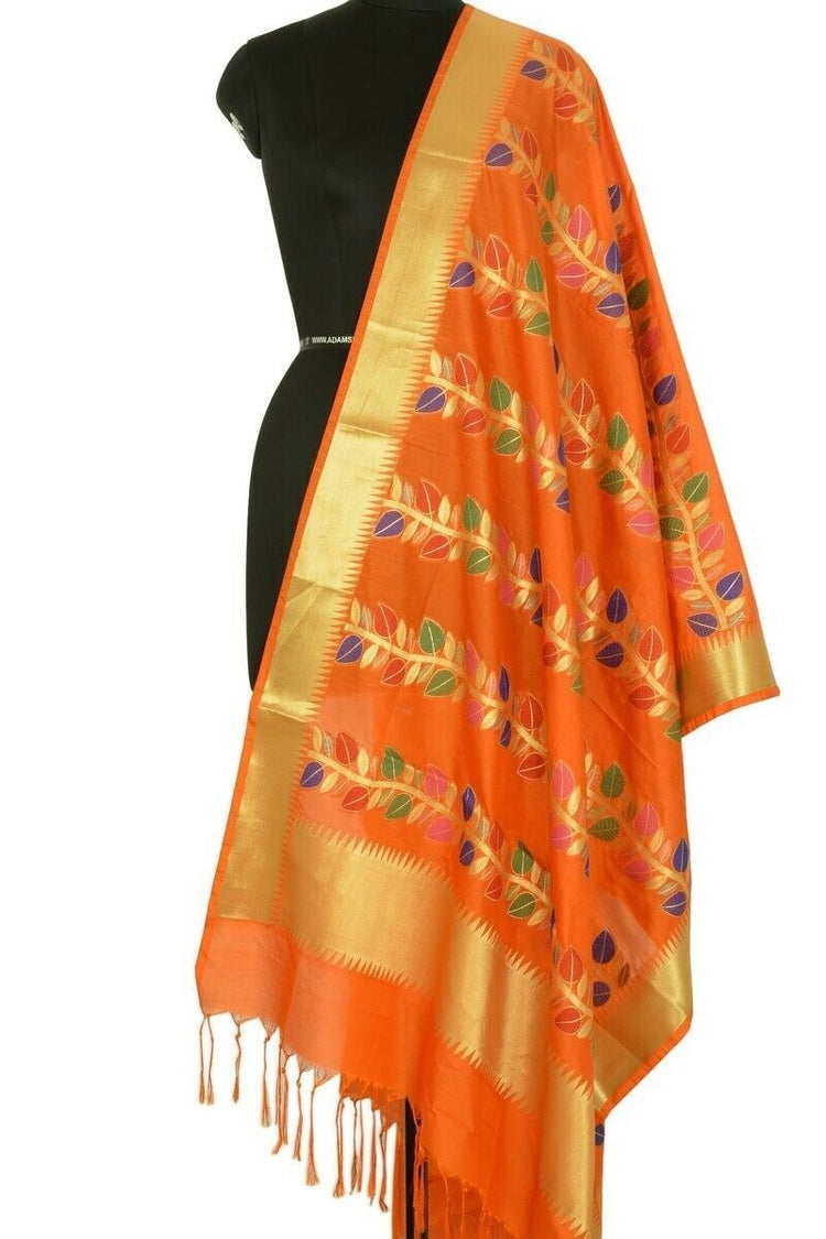 Orange Banarasi Dupatta Floral Woven Zari Brocade Indian Long Stole Wrap Shawl