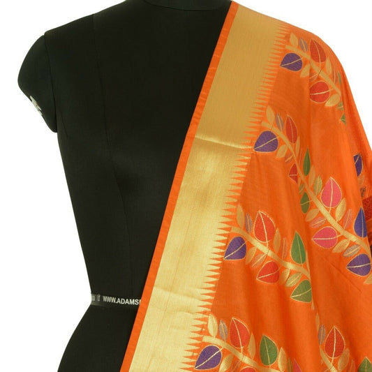 Orange Banarasi Dupatta Floral Woven Zari Brocade Indian Long Stole Wrap Shawl