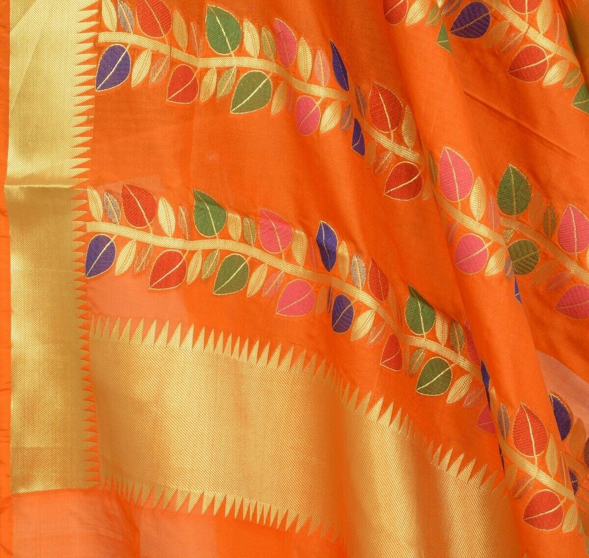 Orange Banarasi Dupatta Floral Woven Zari Brocade Indian Long Stole Wrap Shawl
