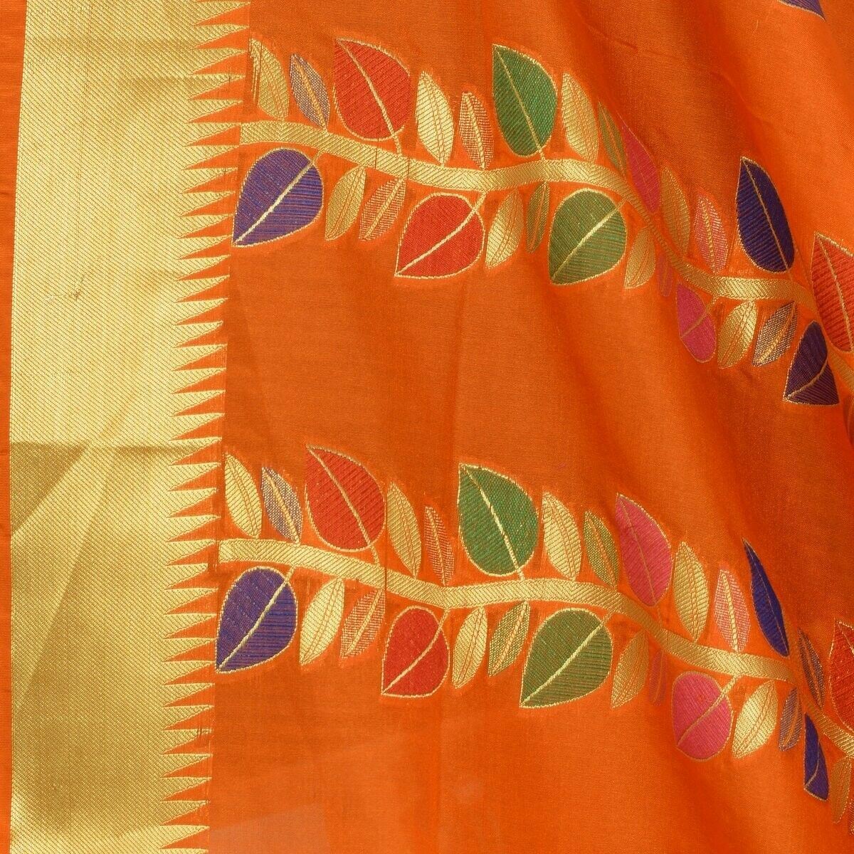 Orange Banarasi Dupatta Floral Woven Zari Brocade Indian Long Stole Wrap Shawl