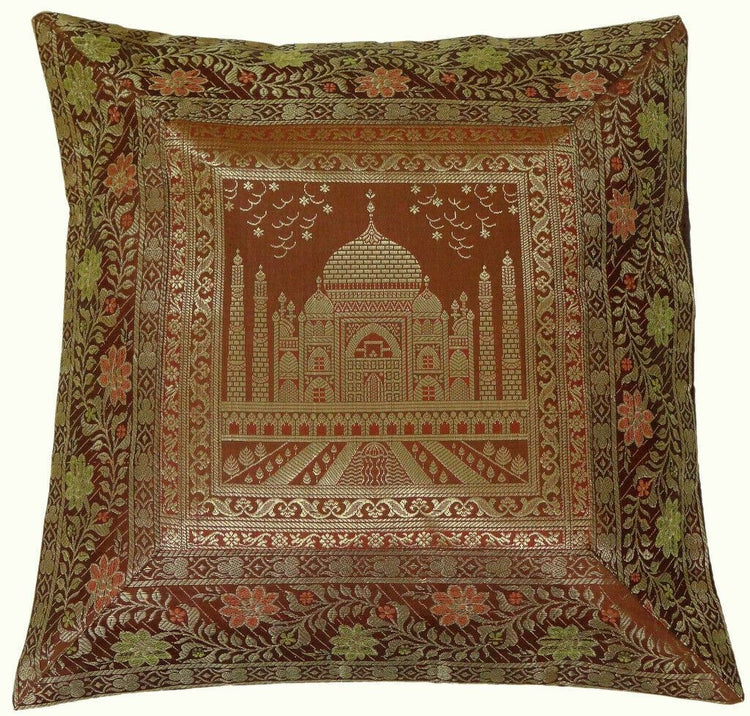 16" Sq Indian Art Silk Woven Zari Borcade Banarasi Cushion Pillow Covers Brown
