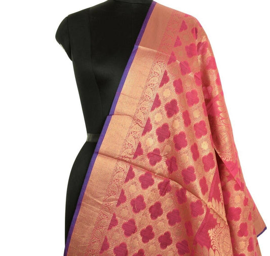 Dark Pink Banarasi Silk Dupatta Woven Zari Brocade Indian Long Stole Wrap Shawl