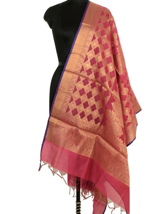 Dark Pink Banarasi Silk Dupatta Woven Zari Brocade Indian Long Stole Wrap Shawl
