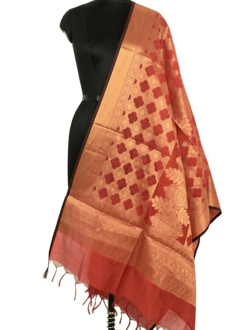 Maroon Banarasi Silk Dupatta Woven Zari Brocade Indian Long Stole Wrap Shawl