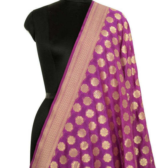 Purple Banarasi Silk Dupatta Woven Zari Brocade Indian Long Stole Wrap Shawl