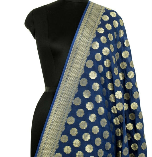 Blue Banarasi Silk Dupatta Woven Zari Brocade Indian Long Stole Wrap Shawl