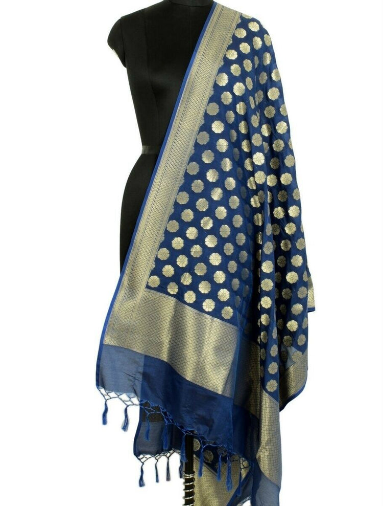Blue Banarasi Silk Dupatta Woven Zari Brocade Indian Long Stole Wrap Shawl