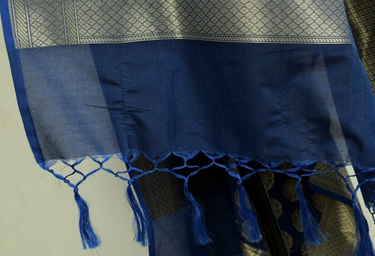 Blue Banarasi Silk Dupatta Woven Zari Brocade Indian Long Stole Wrap Shawl