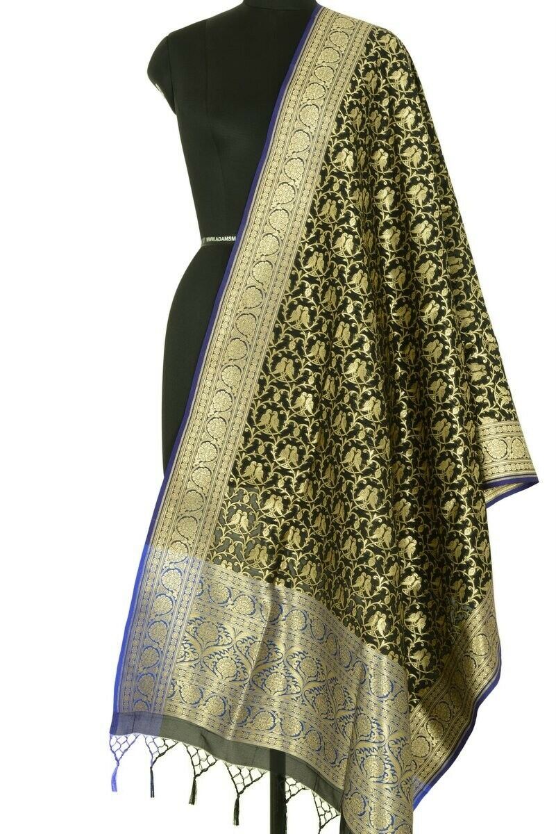 Black Banarasi Dupatta Love Birds Woven Zari Brocade Indian Long Stole Wrap