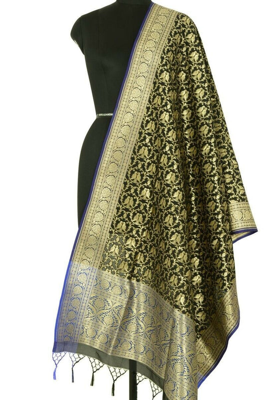 Black Banarasi Dupatta Love Birds Woven Zari Brocade Indian Long Stole Wrap