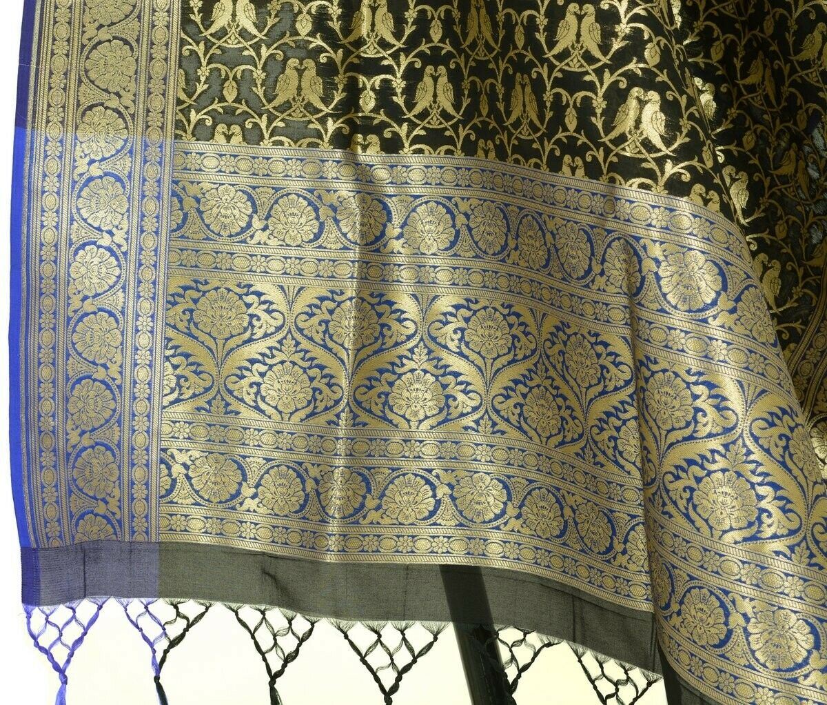 Black Banarasi Dupatta Love Birds Woven Zari Brocade Indian Long Stole Wrap