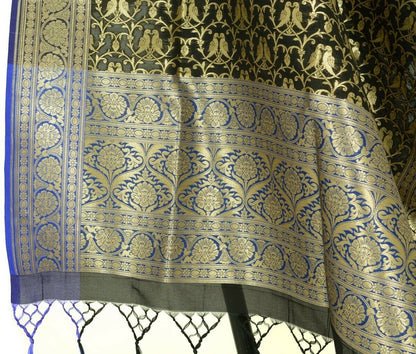 Black Banarasi Dupatta Love Birds Woven Zari Brocade Indian Long Stole Wrap