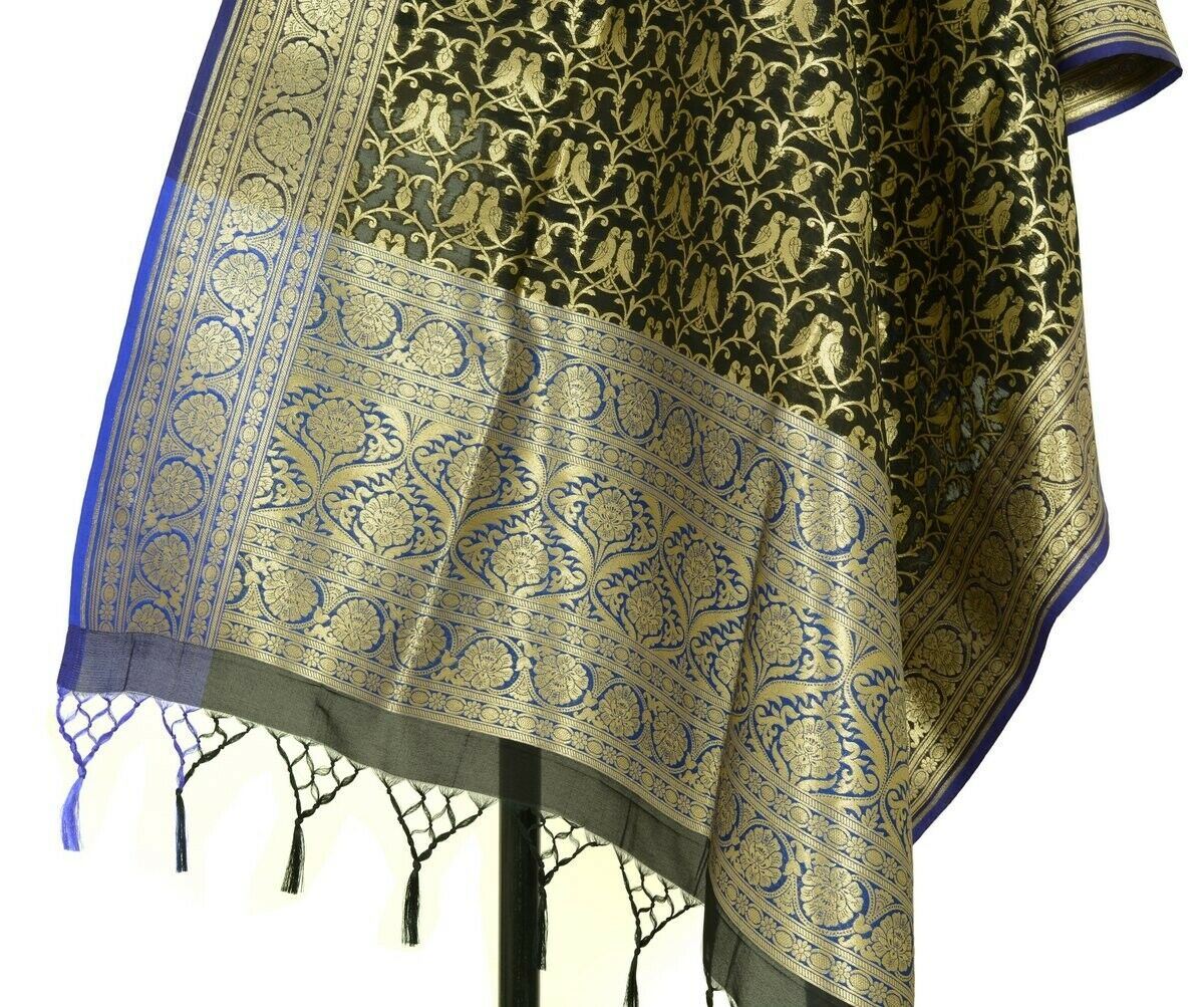 Black Banarasi Dupatta Love Birds Woven Zari Brocade Indian Long Stole Wrap