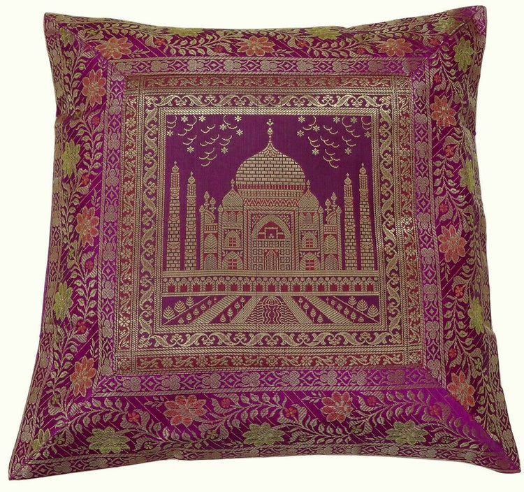 17" Sq Indian Art Silk Woven Zari Borcade Banarasi Cushion Pillow Covers Magenta