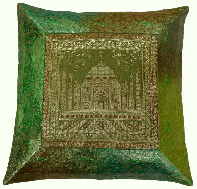 17" Sq Indian Art Silk Woven Zari Borcade Banarasi Cushion Pillow Covers Green
